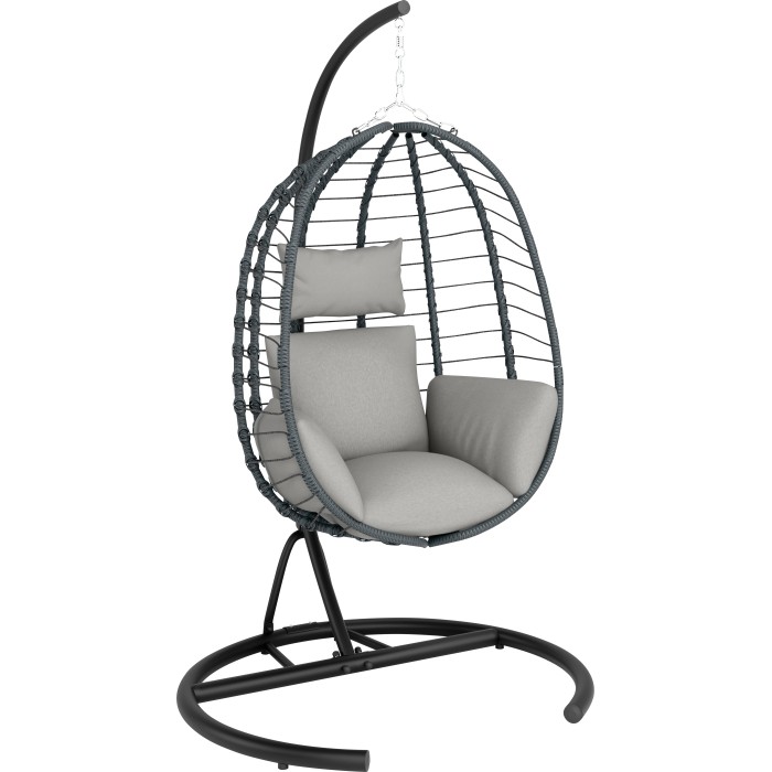 Sedia sospesa pieghevole Cupertino con struttura antracite e cuscini grigio chiaro.