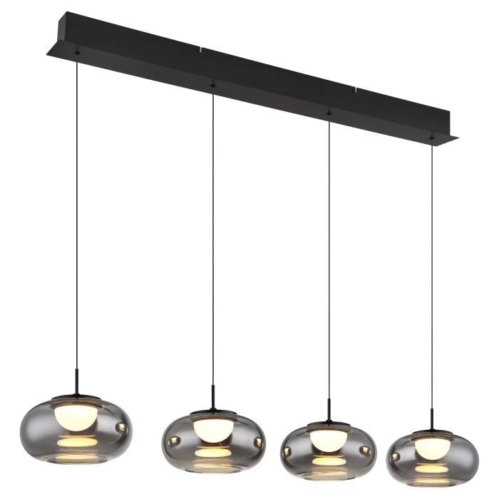Lampada a sospensione moderna con quattro paralumi in vetro grigio, ideale come lampada a sospensione.