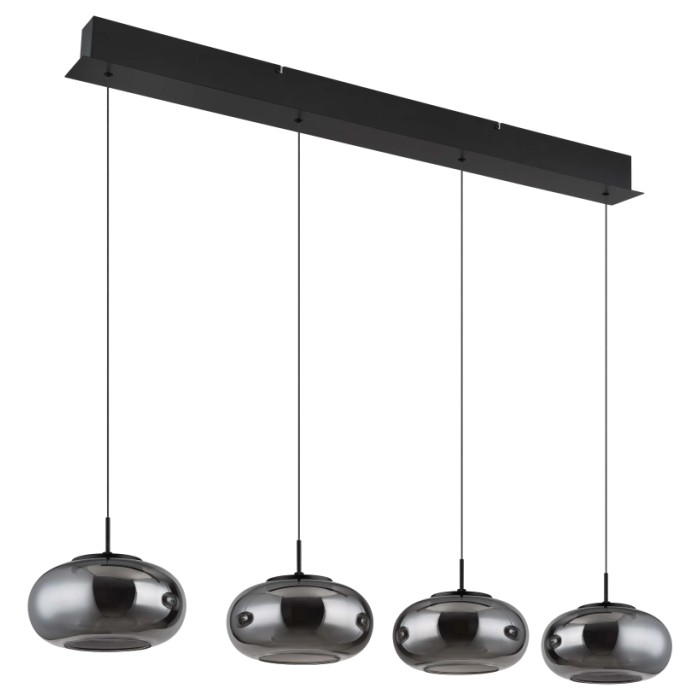 Lampada a sospensione t.b.t. con quattro paralumi in vetro grigio e sospensione nera.
