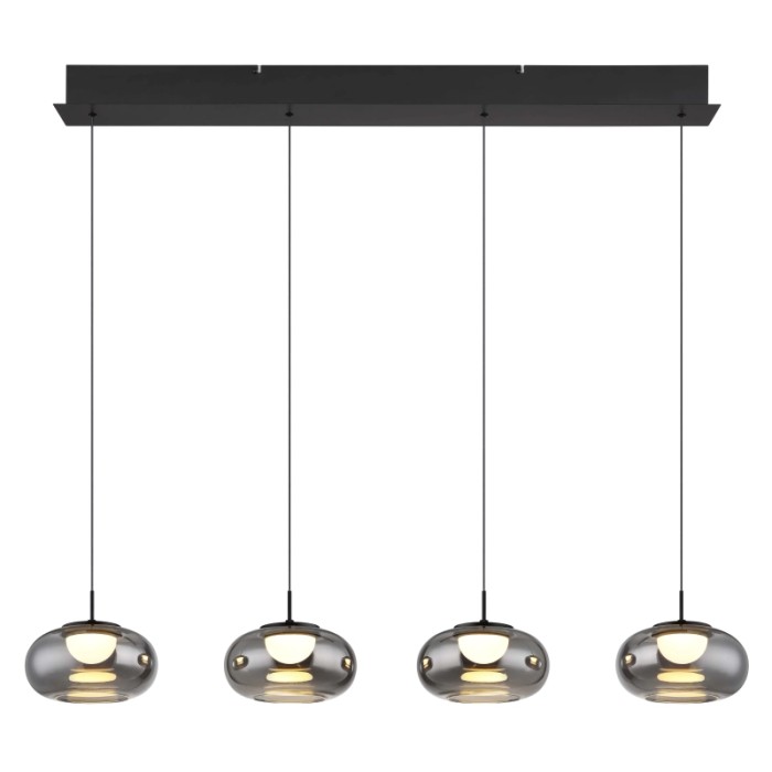 Lampada a sospensione moderna con quattro paralumi in vetro grigio per un'illuminazione elegante.