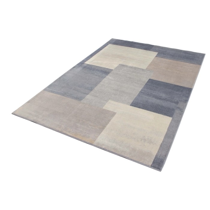 Tappeto moderno con motivo geometrico nei toni del grigio e beige.