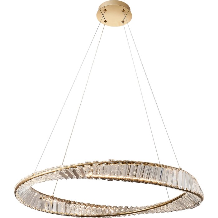 Moderna lampada a sospensione t.b.t. (Sospensioni) con anello di cristallo e sospensione color oro.