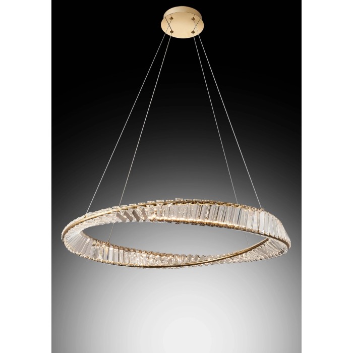 Moderna lampada a sospensione a LED a forma di anello con elementi in vetro cristallo, ideale per un'illuminazione elegante del soggiorno.