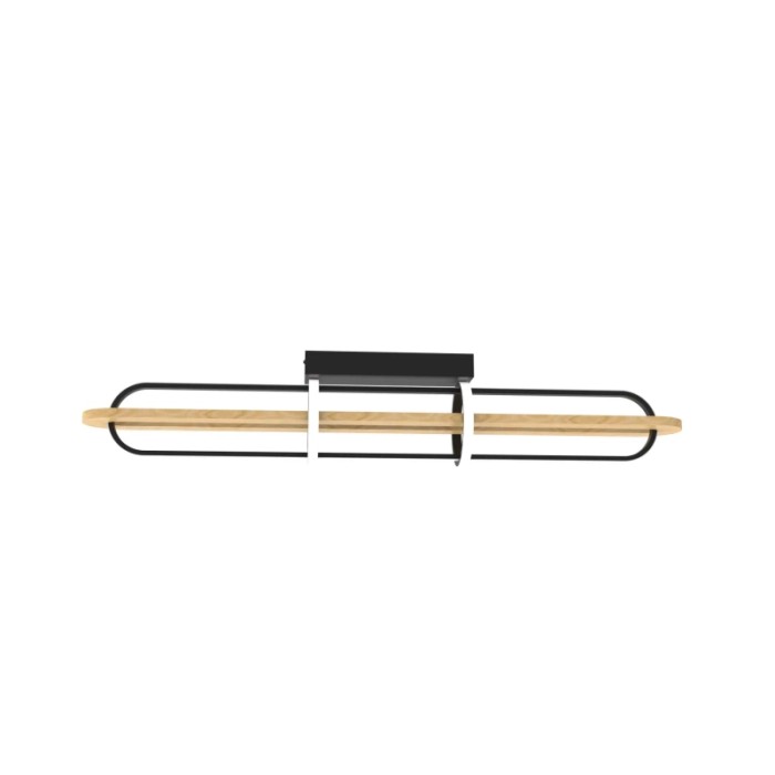 Plafoniera LED moderna con elementi in legno e metallo in nero e naturale.