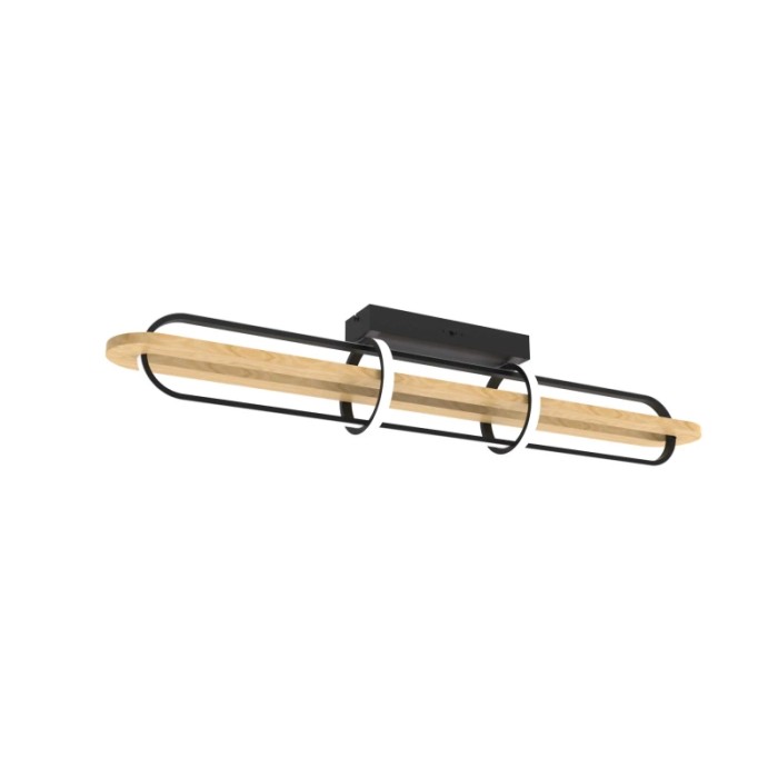 Plafoniera LED moderna con elementi in legno e metallo.