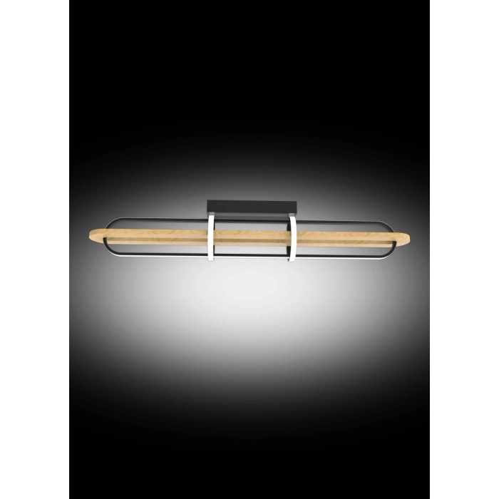 Plafoniera LED moderna t.b.t. con elementi in legno e metallo.