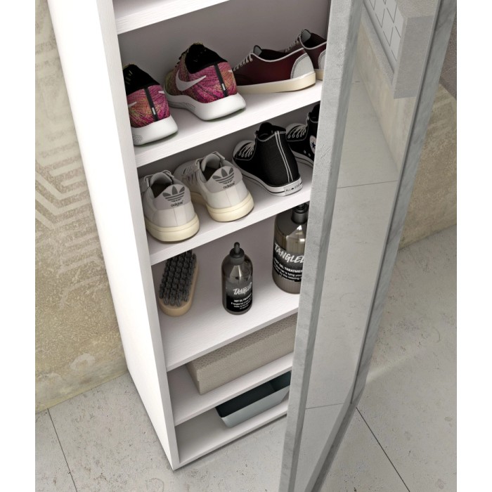 Scarpiera aperta con diverse scarpe e utensili per la pulizia.