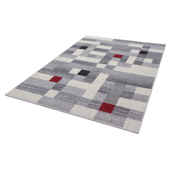Tappeto moderno con motivo geometrico in grigio, bianco e rosso.