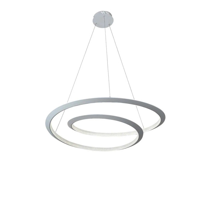Moderna lampada a sospensione t.b.t. a spirale, color argento, per un'illuminazione elegante.