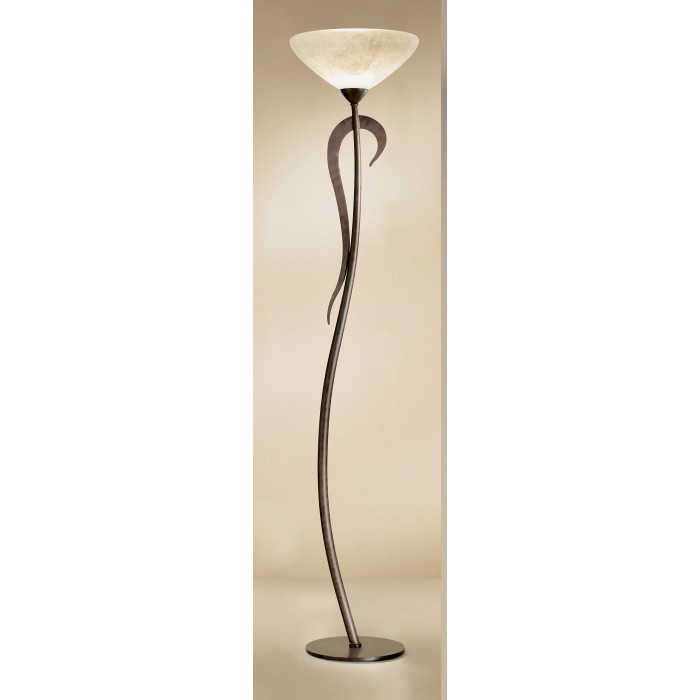 Elegante lampada da terra t.b.t. con base curva in metallo scuro e paralume chiaro.