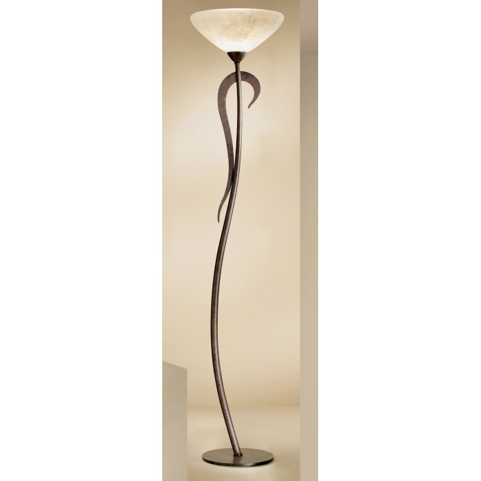 Elegante lampada da terra t.b.t. con base in metallo curvato e paralume effetto alabastro.