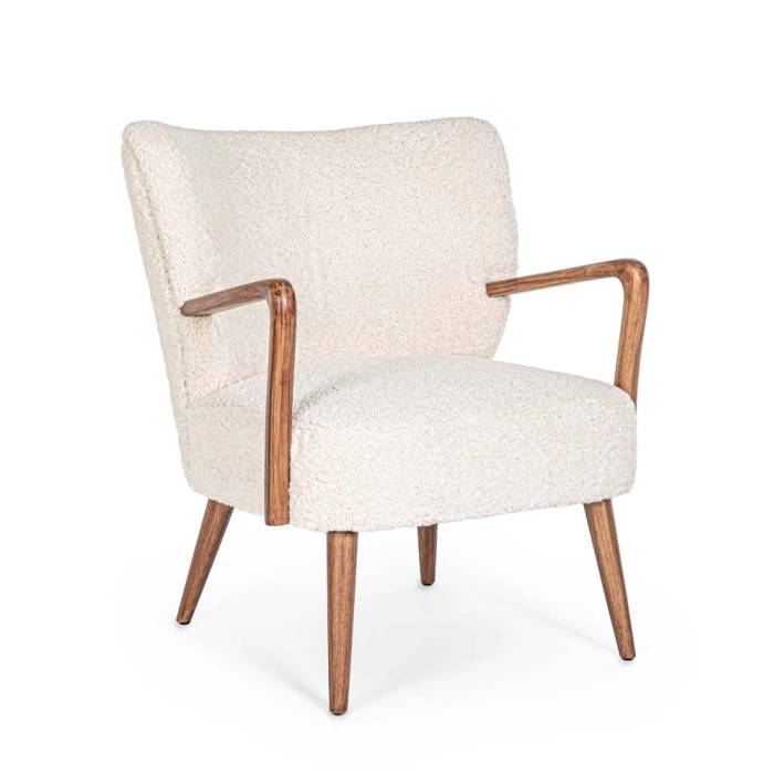 Poltrona t.b.t. con braccioli, rivestimento bianco crema e gambe in legno.
