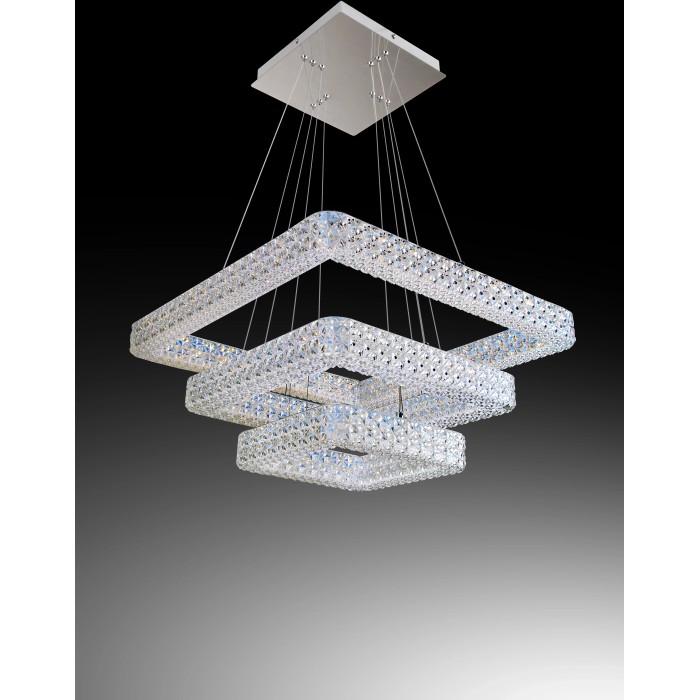 Lampada a sospensione moderna con tre cornici quadrate tempestate di cristalli.