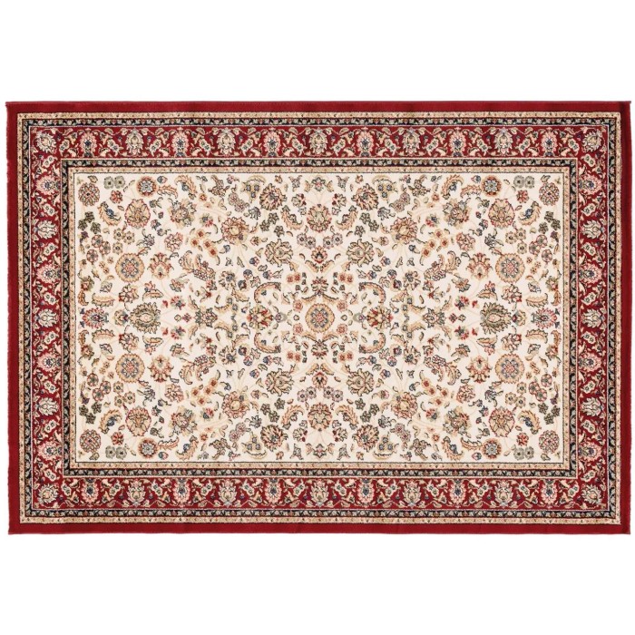 Elegante tappeto color crema con bordo floreale rosso. Tappeto moderno per un soggiorno elegante.
