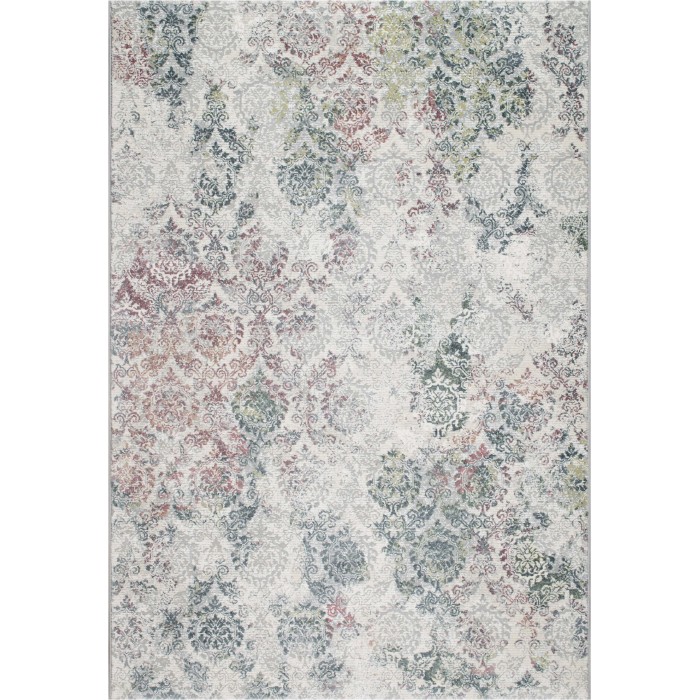 Tappeto moderno con motivo floreale in grigio, blu e rosso.