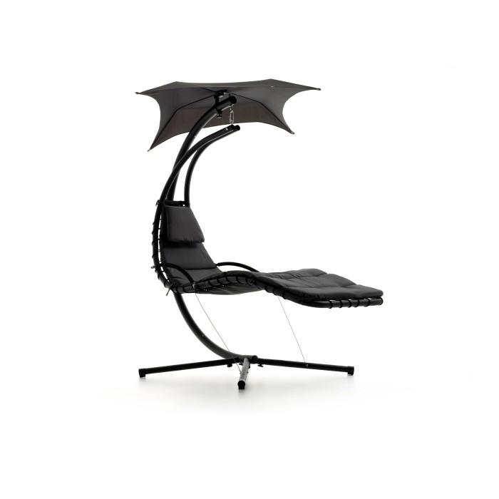 Sedia sospesa Dondoli t.b.t. nera con tettuccio parasole per ore di relax in giardino.