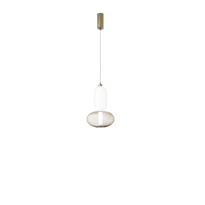 Moderna lampada a sospensione t.b.t. con vetro bianco e paralume a rete metallica color oro.