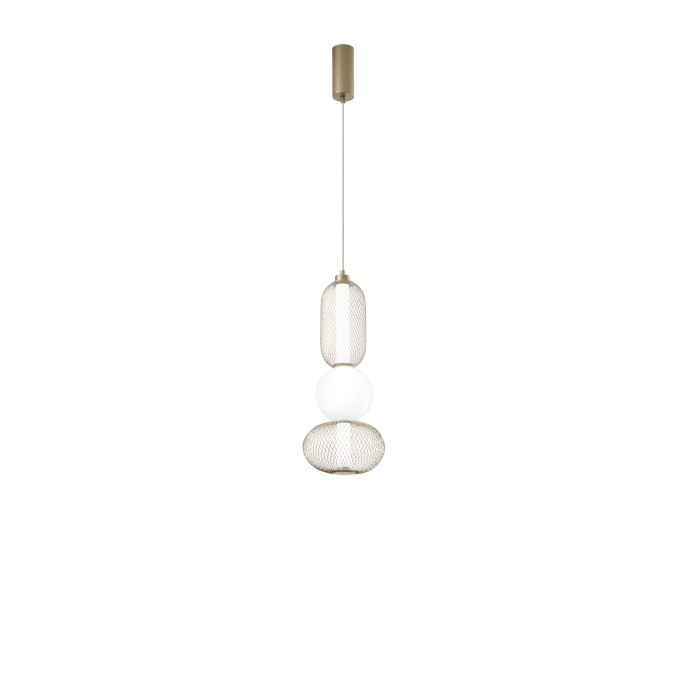 Moderna lampada a sospensione t.b.t. con maglia metallica dorata e sfera di vetro bianca per illuminazione elegante.