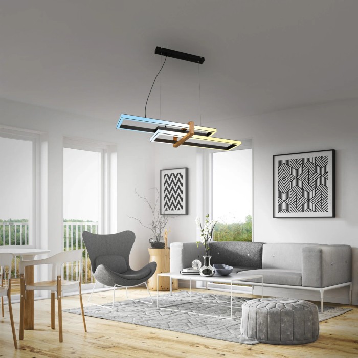 Moderna lampada a sospensione a LED t.b.t. in soggiorno, forma rettangolare.