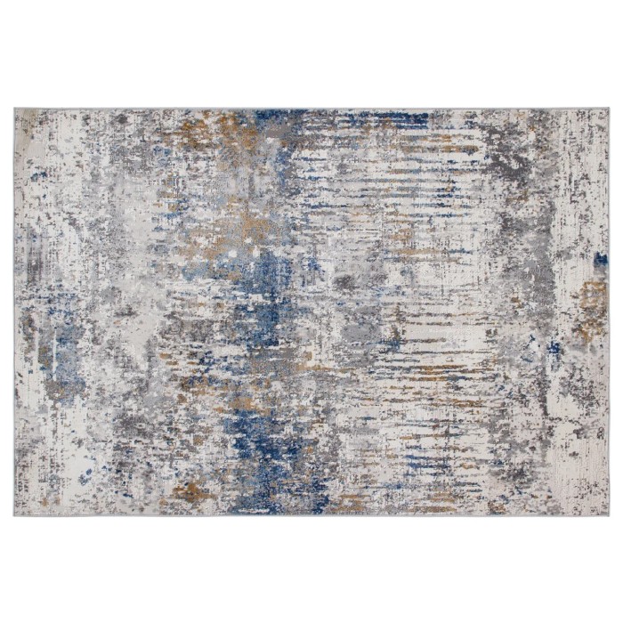 Tappeto moderno con motivo astratto in blu, grigio e beige.