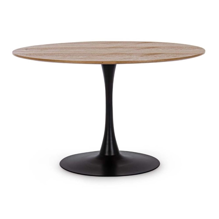 Tavolino rotondo con piano in legno e base in metallo nero.