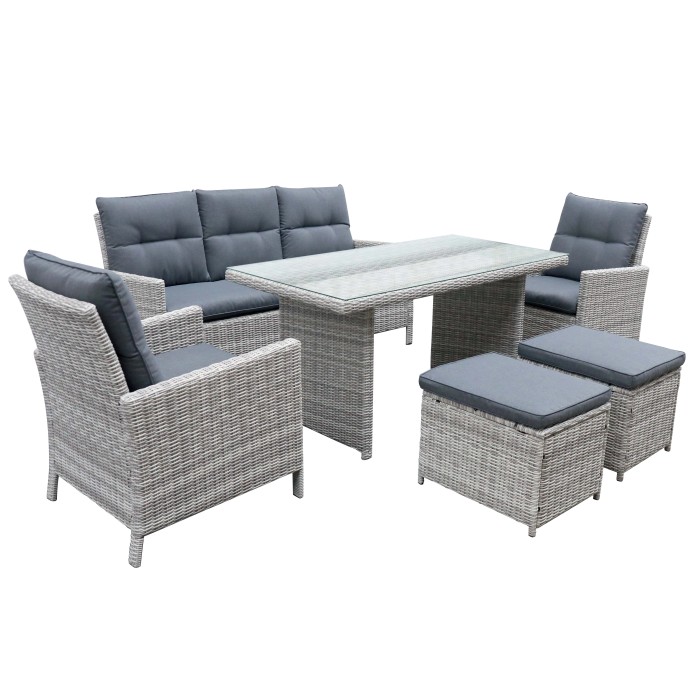Set lounge Luciara 6 pezzi in rattan grigio chiaro/antracite con tavolo da pranzo e cuscini.
