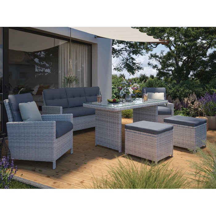 Set lounge Luciara 6 pezzi in acciaio e rattan grigio chiaro-antracite con tavolo da pranzo e sgabelli.