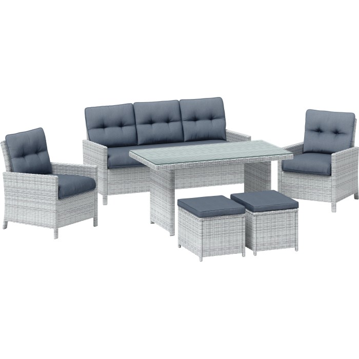 Set lounge Luciara 6 pezzi in grigio chiaro-antracite con tavolo, divano, poltrone e sgabelli.