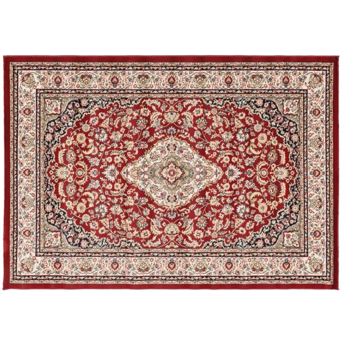 Tappeto rosso in stile classico con motivo floreale. Ideale per spazi abitativi moderni.