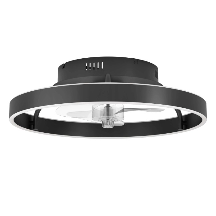 Plafoniera LED moderna t.b.t. con ventilatore a soffitto, forma ad anello nero.