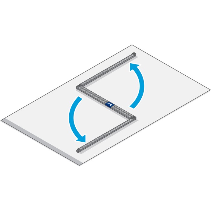 Zanzariera a porta pieghevole Tesa, telaio in alluminio pieghevole bianco, con frecce blu che indicano la funzione di piegatura.