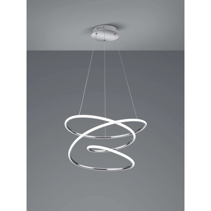 Moderna lampada a sospensione t.b.t. con anelli luminosi curvi per un'illuminazione elegante.