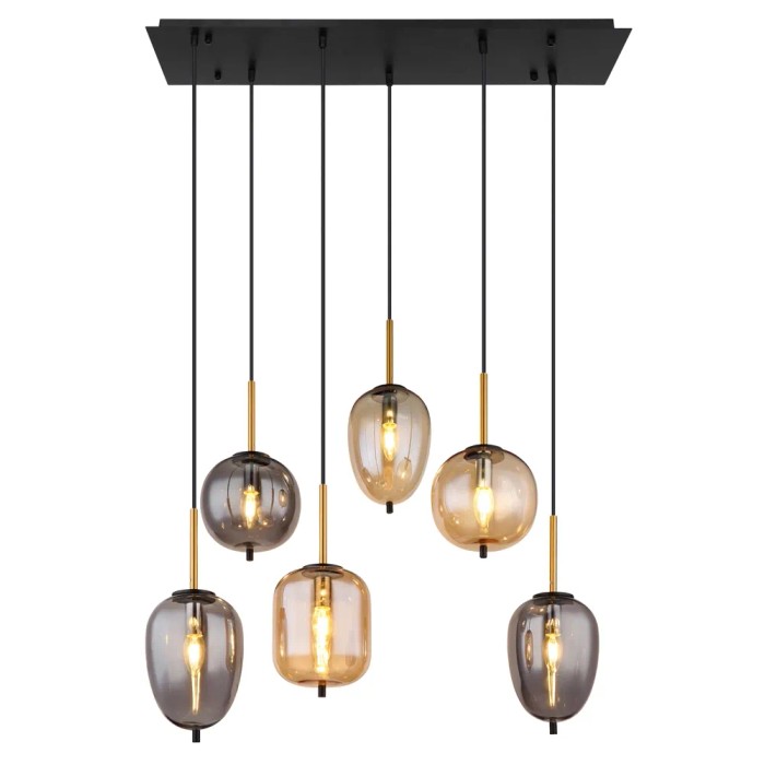 Lampada a sospensione moderna con sei lampade in vetro nei toni del grigio e dell'oro.