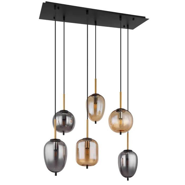 Lampada a sospensione moderna con sei paralumi in vetro di diversi colori. Elegante lampada a sospensione per soggiorno e sala da pranzo.