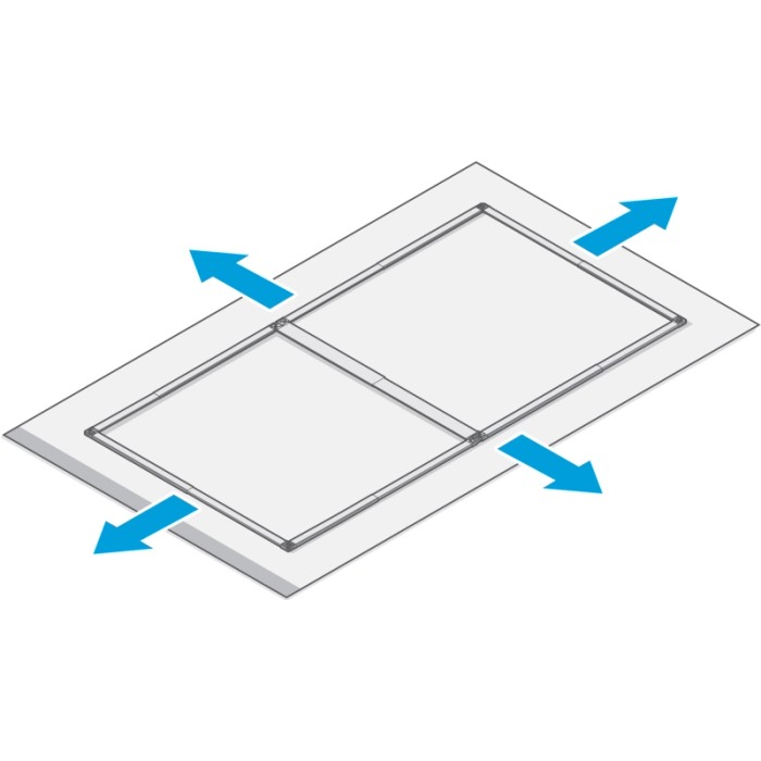 Illustrazione: Telaio pieghevole regolabile bianco Tesa per porta zanzariera con frecce blu.