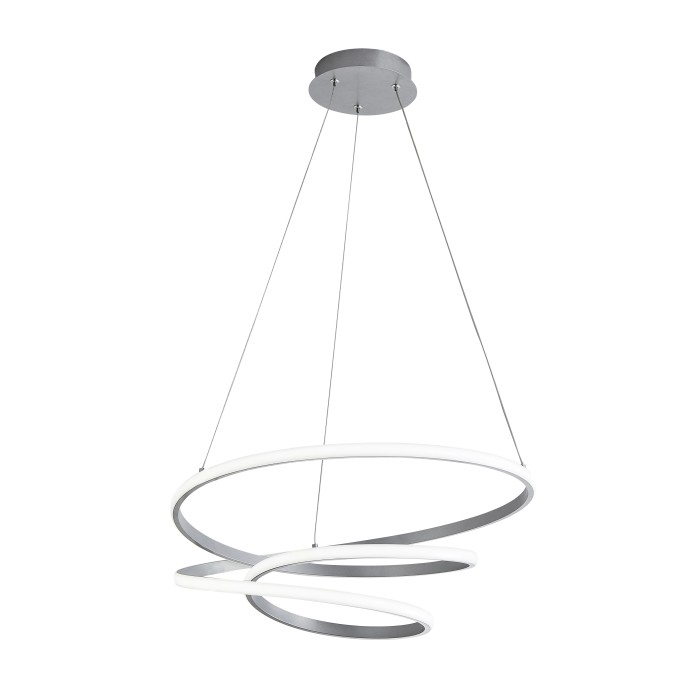 Moderna lampada a sospensione a LED t.b.t., a spirale, color argento. Ideale come Sospensioni.