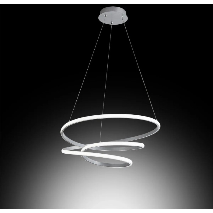 Lampada a sospensione LED moderna t.b.t. con anelli curvi per spazi abitativi.