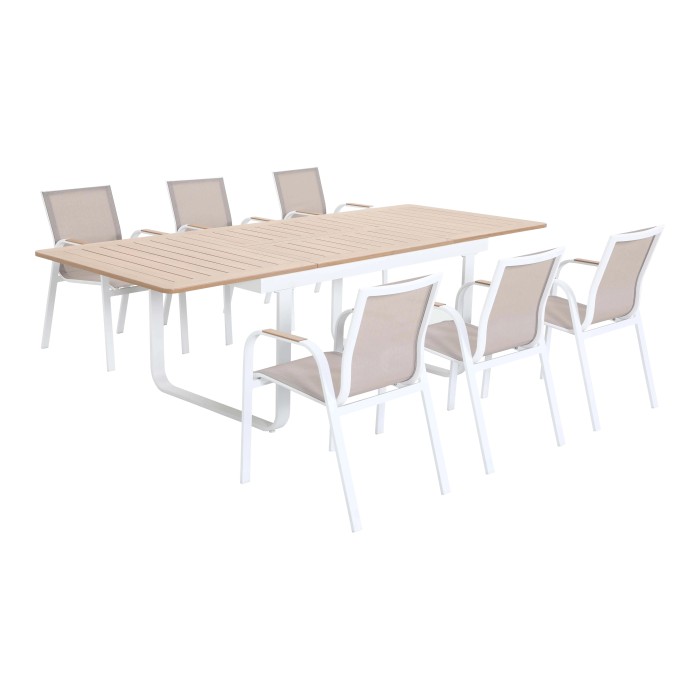 Set da pranzo Butterfield 7 pezzi con struttura in alluminio, rivestimento in tessuto beige e piano tavolo effetto legno.