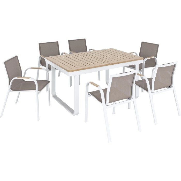Set da pranzo Butterfield 7 pezzi con struttura in alluminio, rivestimento in tessuto beige e piano tavolo effetto legno.