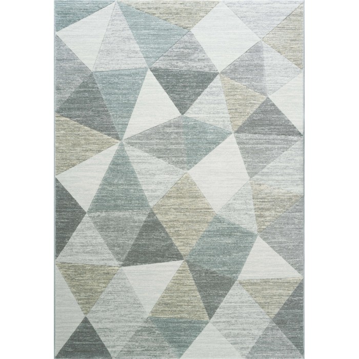 Tappeto moderno con motivo geometrico a triangoli nei toni del grigio, beige e blu.