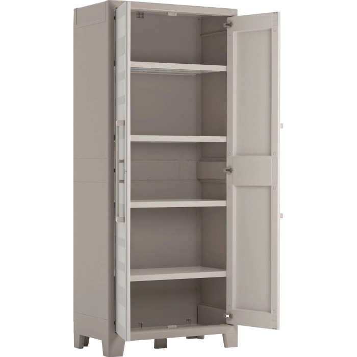 Mobiletto in plastica KIS Gulliver, beige sabbia, con 4 ripiani, aperto. Sistema di scaffalature per cantina, garage e ripostiglio.