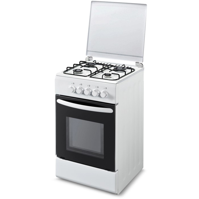 Cucina a gas bianca con quattro fuochi e forno.