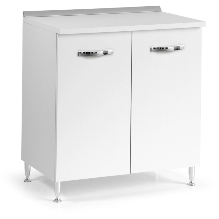 Mobile base da cucina bianco con due ante e maniglie cromate.