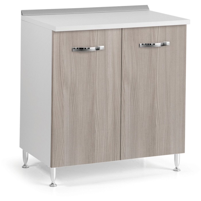 Mobile base t.b.t. per Basi cucina con due ante effetto legno e fianchi bianchi.