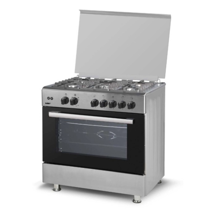 Cucina completa indipendente color argento con porta forno nera.