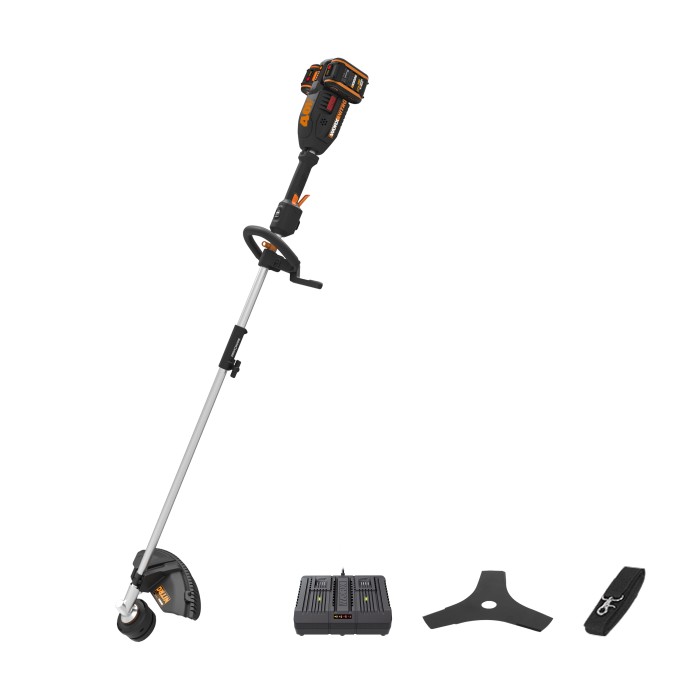 Set tagliabordi a batteria con caricabatterie e accessori.