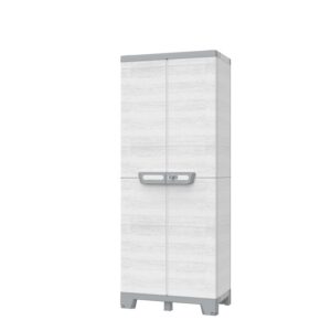 Armadio portautensili t.b.t. bianco con due ante e dettagli grigi.
