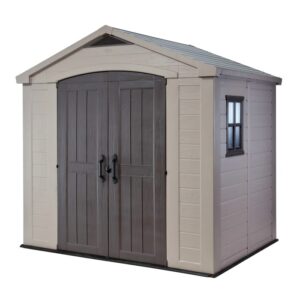 Casetta da giardino in plastica Keter, 4,42 m², beige con doppia porta e finestra. Rimessa da giardino.