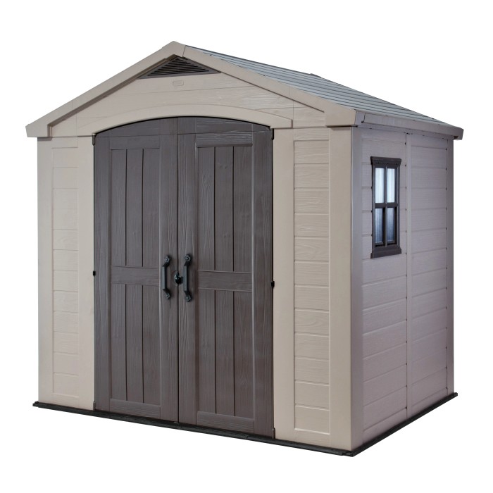 Casetta da giardino in plastica Keter, 4,42 m², beige con doppia porta e finestra. Rimessa da giardino.