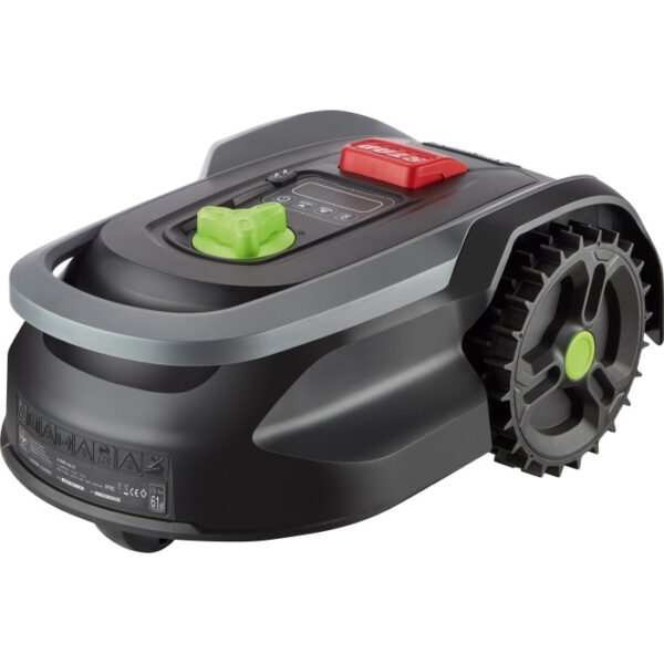 Robot rasaerba LUX A-RMR-300-24 per prati fino a 300 m² con manopola di regolazione verde e pulsante di arresto rosso.
